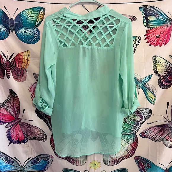 Sheer Sea Foam Green Button Up shirt with lattice cut weaving - Picture 9 of 11